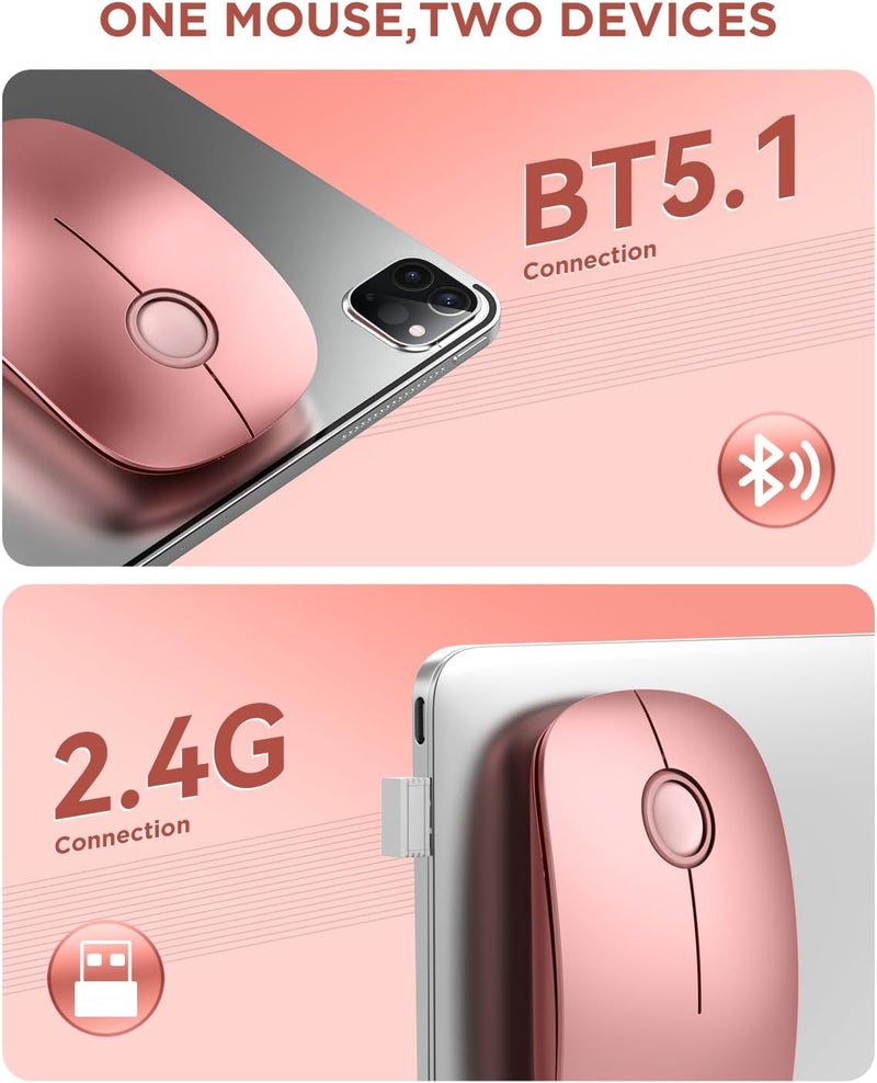 RAPIQUE Bluetooth Wireless Mouse - (BT5.1+USB) Dual Connectivity, Quiet Click, Low Power, and 1600 DPI, Portable Cordless Mouse for Mac, Laptop, MacBook Pro/Air, iPad (Rose Gold) - Image 2